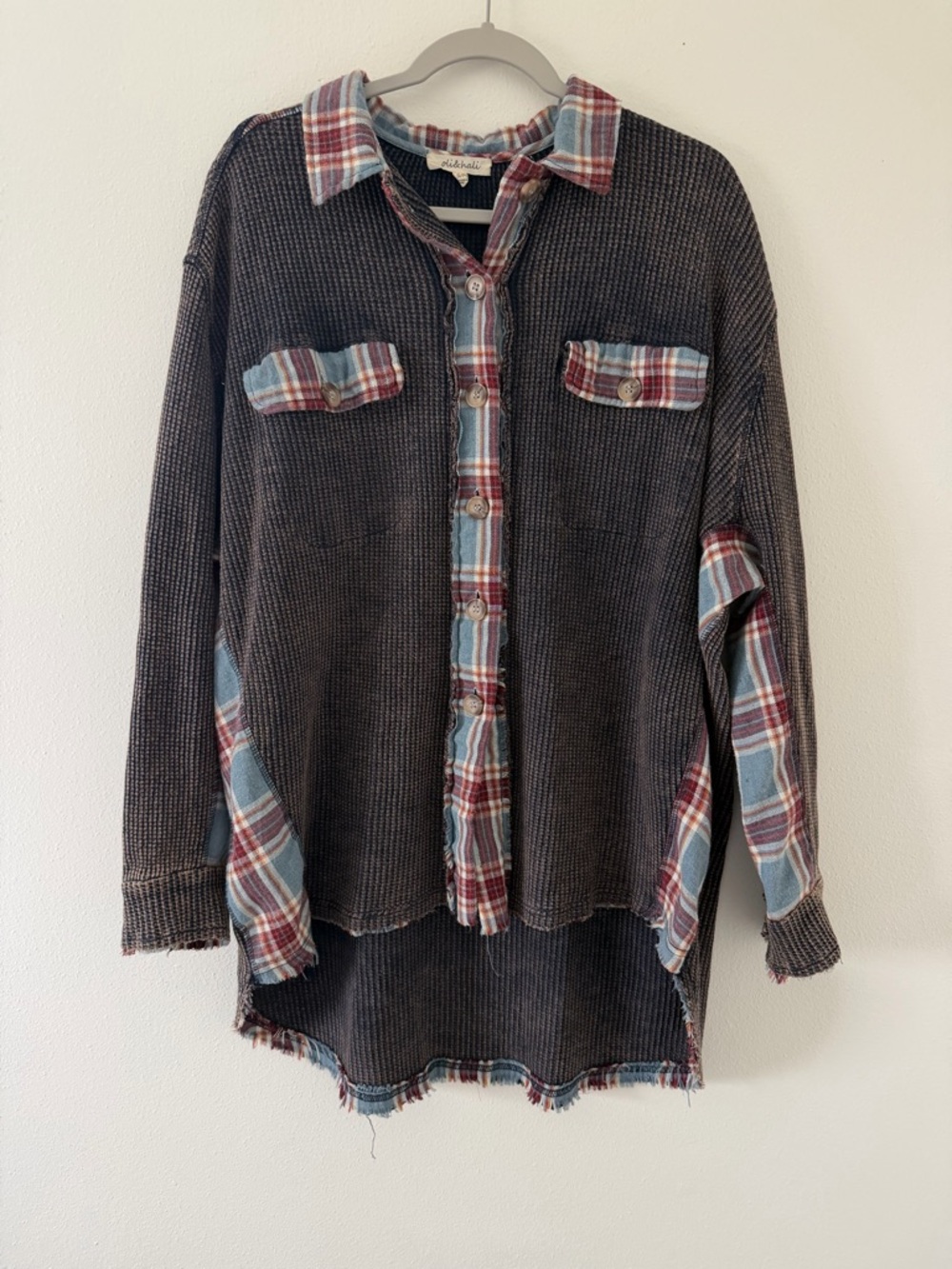 Oli & Hali Washed Black Waffle Knit Button Down with Plaid size small/medium